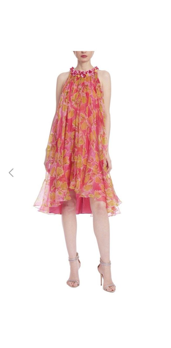 BADGLEY MISCHKA Organza Dress 3D Pink Floral Appliques Pear Party Wedding NWT